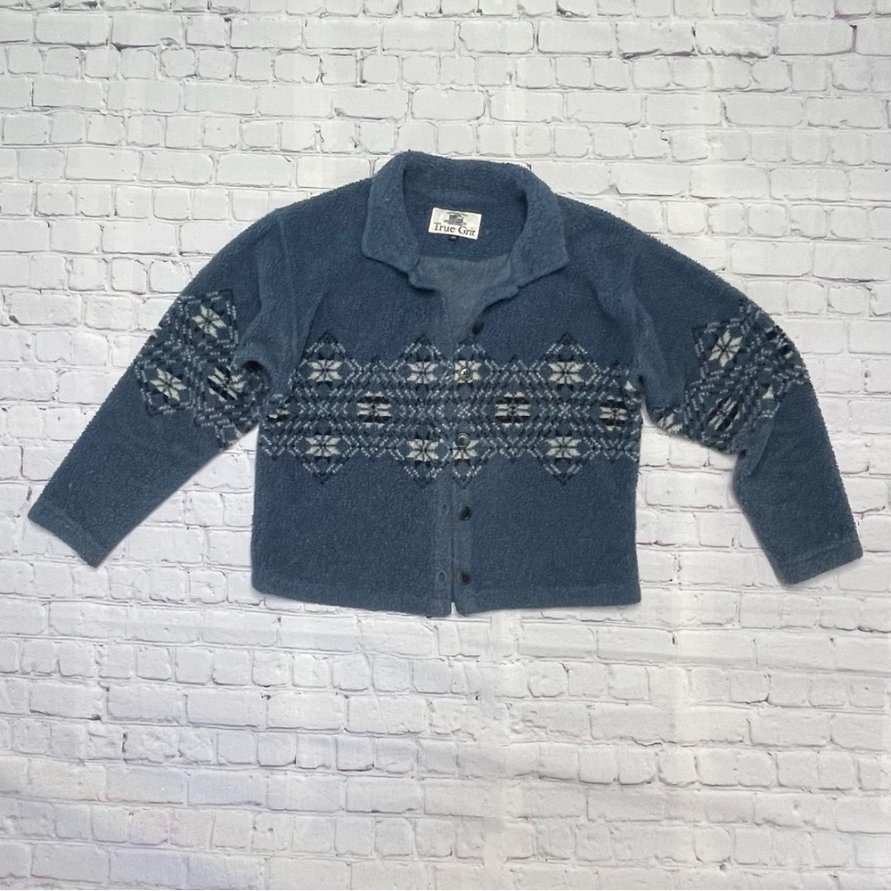 True Grit vintage blue “frosty tipped” fleece cardigan size M fair Isle Aztec